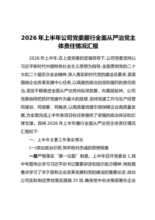 2026年上半年公司党委履行全面从严治党主体责任情况汇报