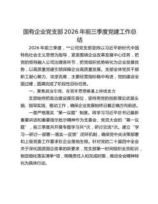 国有企业党支部2026年前三季度党建工作总结