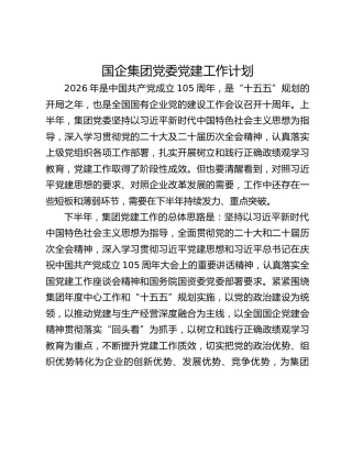 国企集团党委党建工作计划