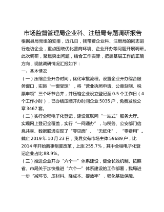 市场监督管理局企业科、注册局专题调研报告