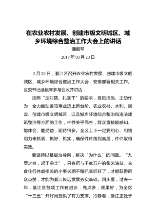 潘毅琴：在农业农村发展、创建市级文明城区、城乡环境综合整治工作大会上的讲话