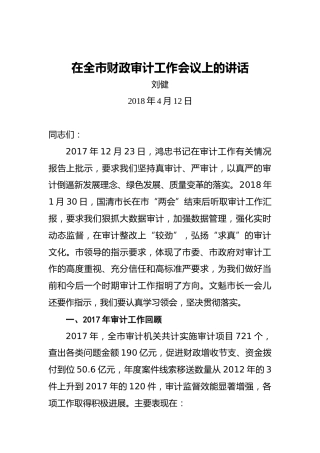 刘健：在全市财政审计工作会议上的讲话