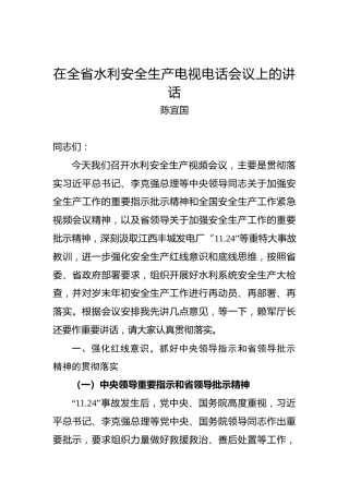 陈宜国：在全省水利安全生产电视电话会议上的讲话