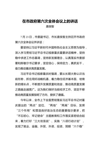 唐良智：在市政府第六次全体会议上的讲话