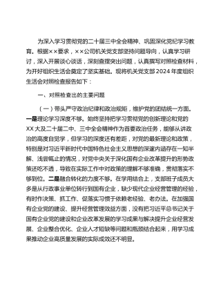 xx公司机关党支部2024年度组织生活会对照检查材料