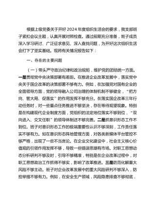 国有企业2024年党支部支部班子组织生活会对照检查材料