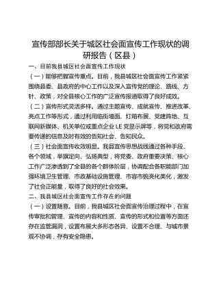 宣传部部长关于城区社会面宣传工作现状的调研报告（区县）
