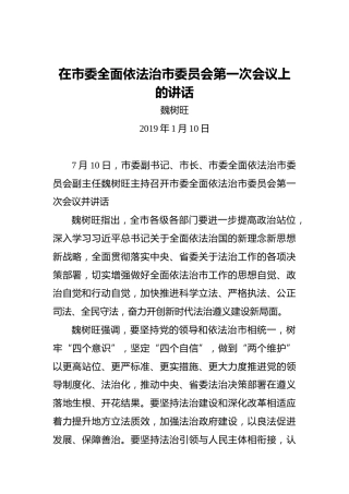 魏树旺：在市委全面依法治市委员会第一次会议上的讲话