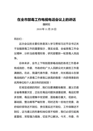魏树旺：在全市禁毒工作电视电话会议上的讲话