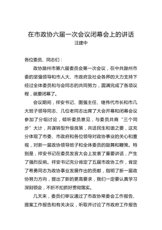 汪建中：在市政协六届一次会议闭幕会上的讲话