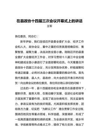 王军：在县政协十四届三次会议开幕式上的讲话
