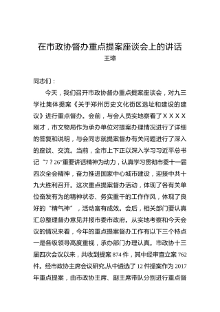 王璋：在市政协督办重点提案座谈会上的讲话