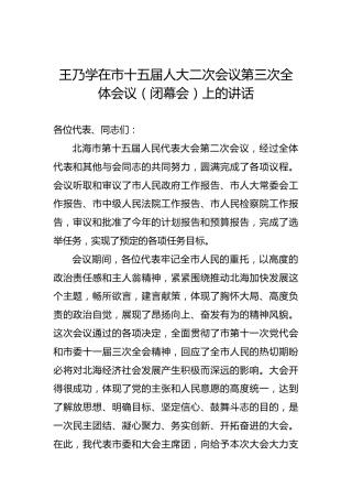 王乃学：在市十五届人大二次会议第三次全体会议（闭幕会）上的讲话