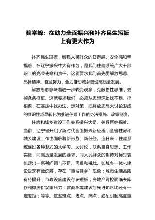 魏举峰：在助力全面振兴和补齐民生短板上有更大作为