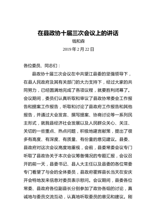 钱和森：在县政协十届三次会议上的讲话