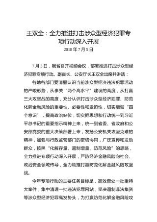 王双全：全力推进打击涉众型经济犯罪专项行动深入开展