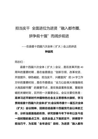 钟益民：在县委十四届六次全体（扩大）会上的讲话