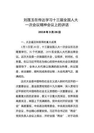 刘莲玉：在传达学习十三届全国人大一次会议精神会议上的讲话