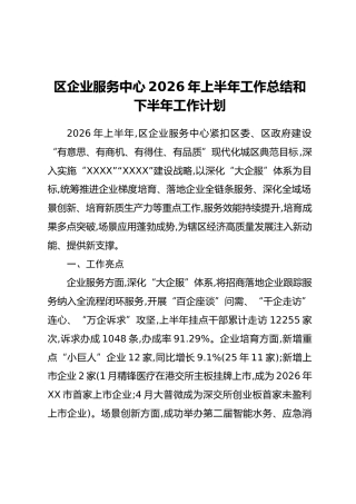 区企业服务中心2026年上半年工作总结和下半年工作计划