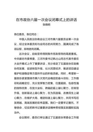 张晓明：在市政协六届一次会议闭幕式上的讲话