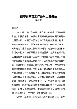 梁国定：在市委政协工作会议上的讲话