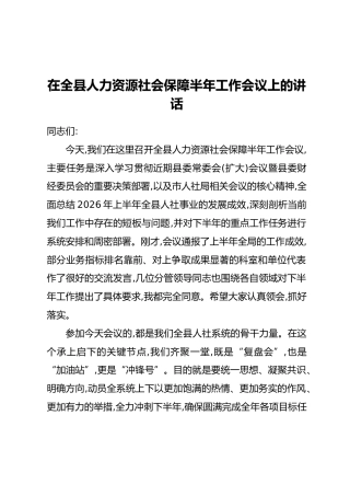 在全县人力资源社会保障半年工作会议上的讲话