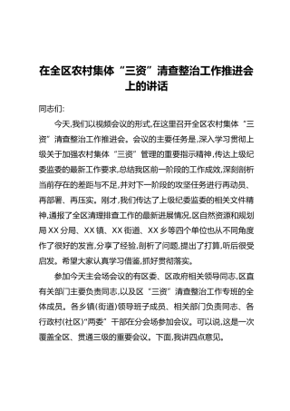 在全区农村集体“三资”清查整治工作推进会上的讲话 (2)