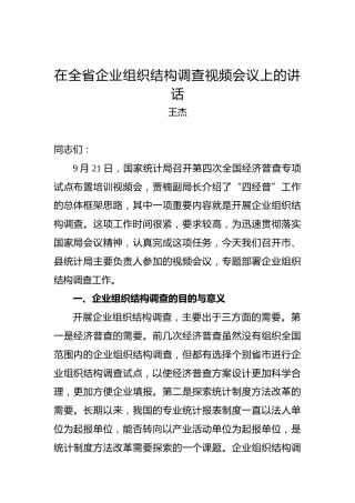 王杰：在全省企业组织结构调查视频会议上的讲话