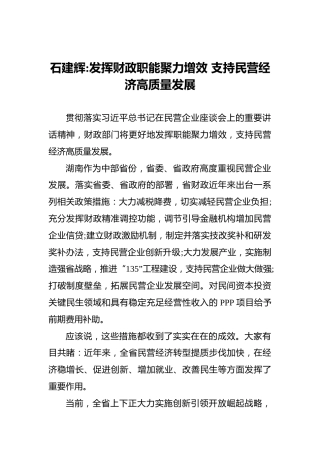 石建辉：发挥财政职能聚力增效支持民营经济高质量发展