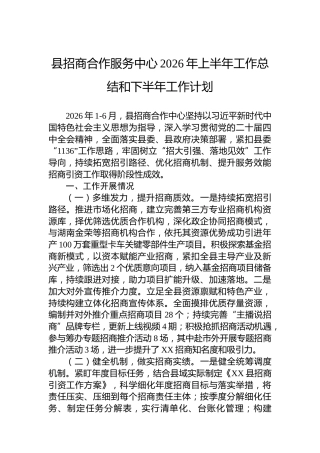 县招商合作服务中心2026年上半年工作总结和下半年工作计划