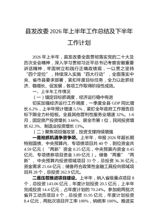 县发改委2026年上半年工作总结及下半年工作计划