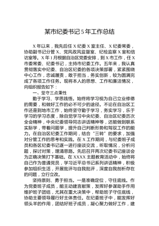 某市纪委书记5年工作总结