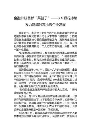 金融护航首都“菜篮子”——XX银行持续发力赋能涉农小微企业发展