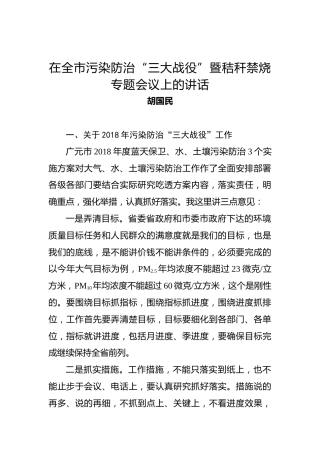 胡国民：在全市污染防治“三大战役”暨秸秆禁烧专题会议上的讲话