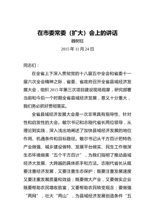 魏树旺：在市委常委（扩大）会上的讲话