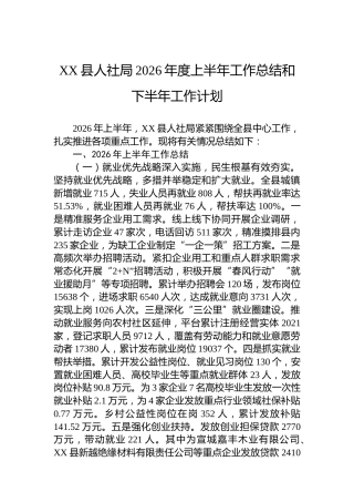 XX县人社局2026年度上半年工作总结和下半年工作计划