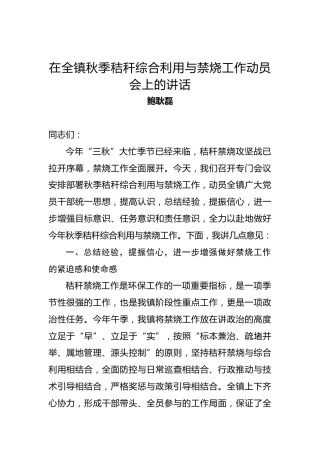 鲍耿磊：在全镇秋季秸秆综合利用与禁烧工作动员会上的讲话