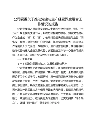 公司党委关于推动党建与生产经营深度融合工作情况的报告