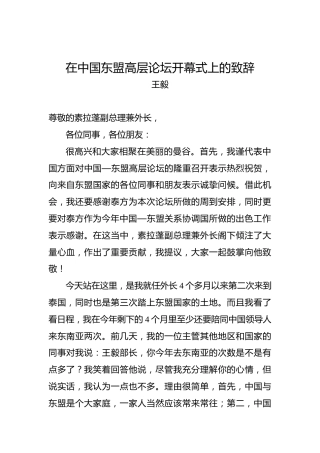 王毅：在中国东盟高层论坛开幕式上的致辞