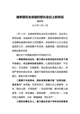 曲孝丽：在全省组织部长会议上的讲话