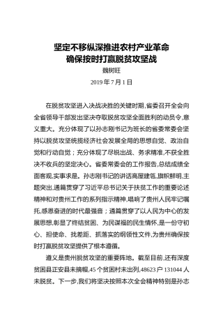 魏树旺：坚定不移纵深推进农村产业革命确保按时打赢脱贫攻坚战