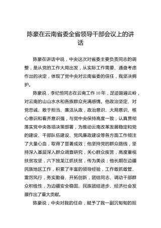 陈豪：在云南省委全省领导干部会议上的讲话