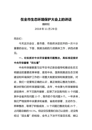 魏树旺：在全市生态环境保护大会上的讲话