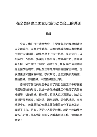 梁辉：在全县创建全国文明城市动员会上的讲话