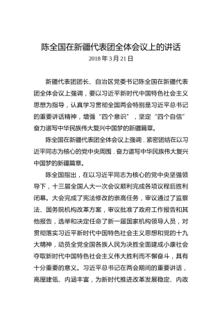 陈全国：在新疆代表团全体会议上的讲话