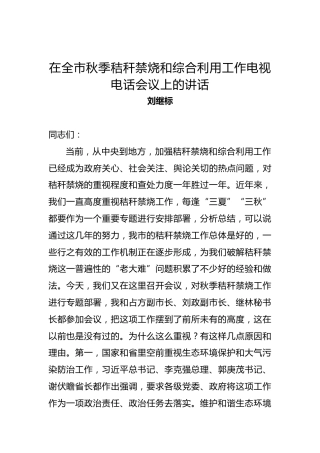 刘继标：在全市秋季秸秆禁烧和综合利用工作电视电话会议上的讲话