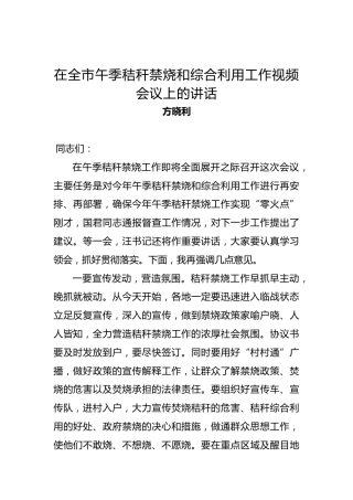 方晓利：在全市午季秸秆禁烧和综合利用工作视频会议上的讲话