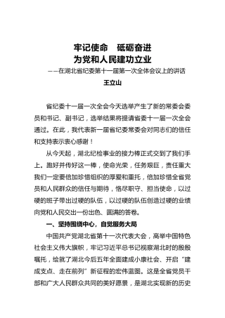 王立山：在湖北省纪委第十一届第一次全体会议上的讲话
