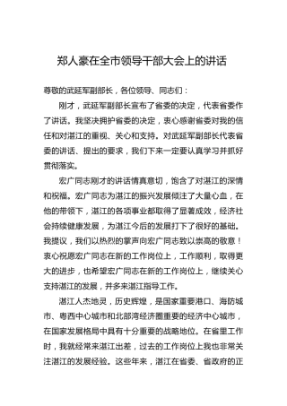 郑人豪：在全市领导干部大会上的讲话