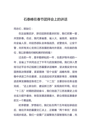石泰峰：在春节团拜会上的讲话